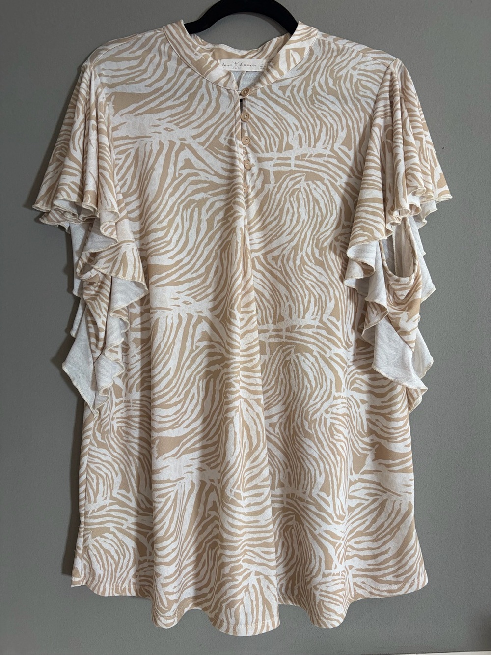 Fair Haven Blouse Zebra Print Neutral Granola Tan White Statement Piece Beige